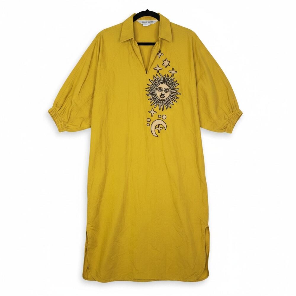 Anthropologie Dhruv Kapoor S Celestial Cotton Collared Batwing Midi Dress Yellow